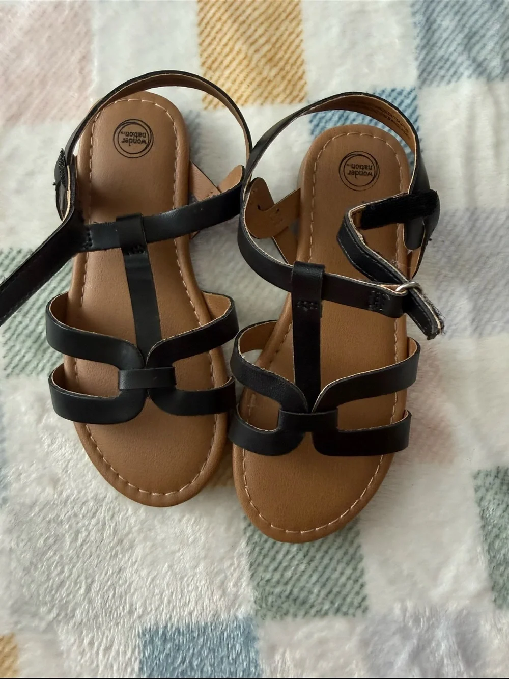 wonder nation Black Strappy Sandals with Tan Footbed